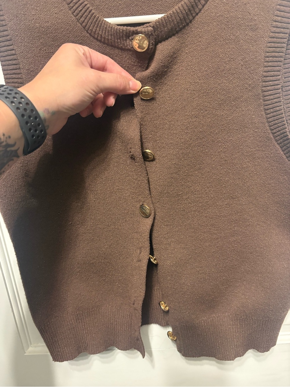 Brown Sleeveless Knit Button-Front Vest